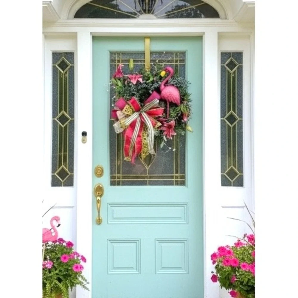 Tropical Pink Flamingo Front Door Wreath Summer‎ Floral Decor Pink Lily Greenery